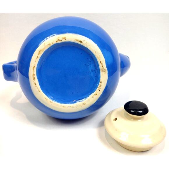 Vintage Blue Stoneware Oxford Style Teapot Made in USA 2 Ring Style 6.5" - Picture 7 of 9
